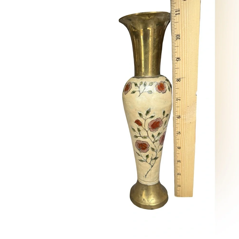 Solid Brass Decorative Vase With Enamel Hand Painted Floral Design 11”